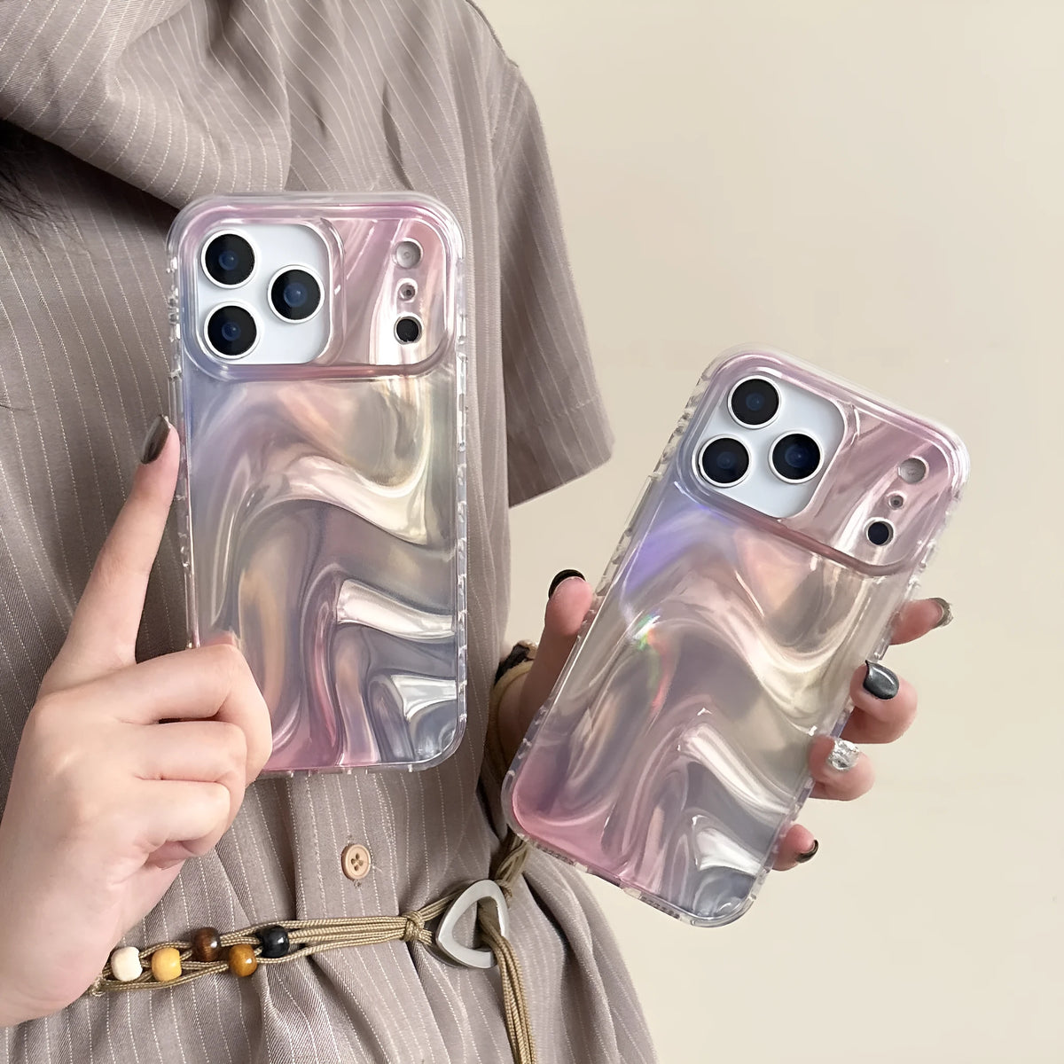 Double shell iPhone case in IMD silver pink satin pattern with water ripple smudge design