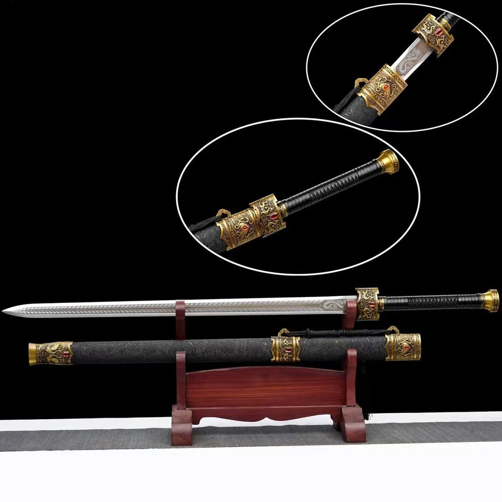 Manganese steel Han style sword with 73cm blade, 102cm or 105cm overall length, unsharpened for display