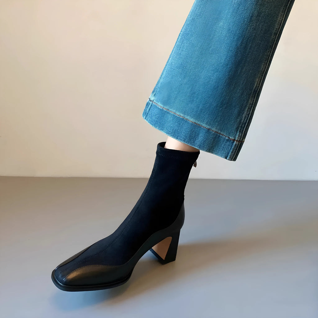 Retro chunky heel suede short boots for women, square toe, back zipper, in black and brown