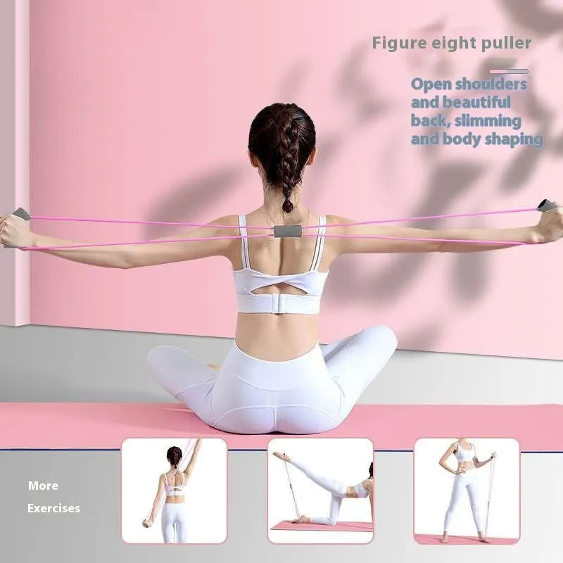 Yoga four piece set showing leg beauty device, yoga ring, pedal puller, and figure eight tension rope for home workouts.