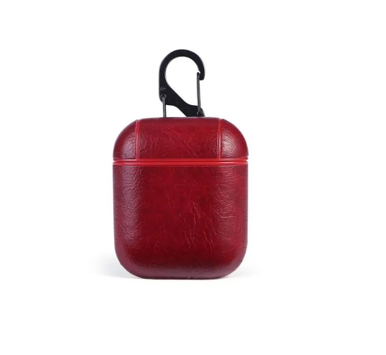 Genuine leather AirPods protective case bag in black, brown, light brown, and red colour options.
