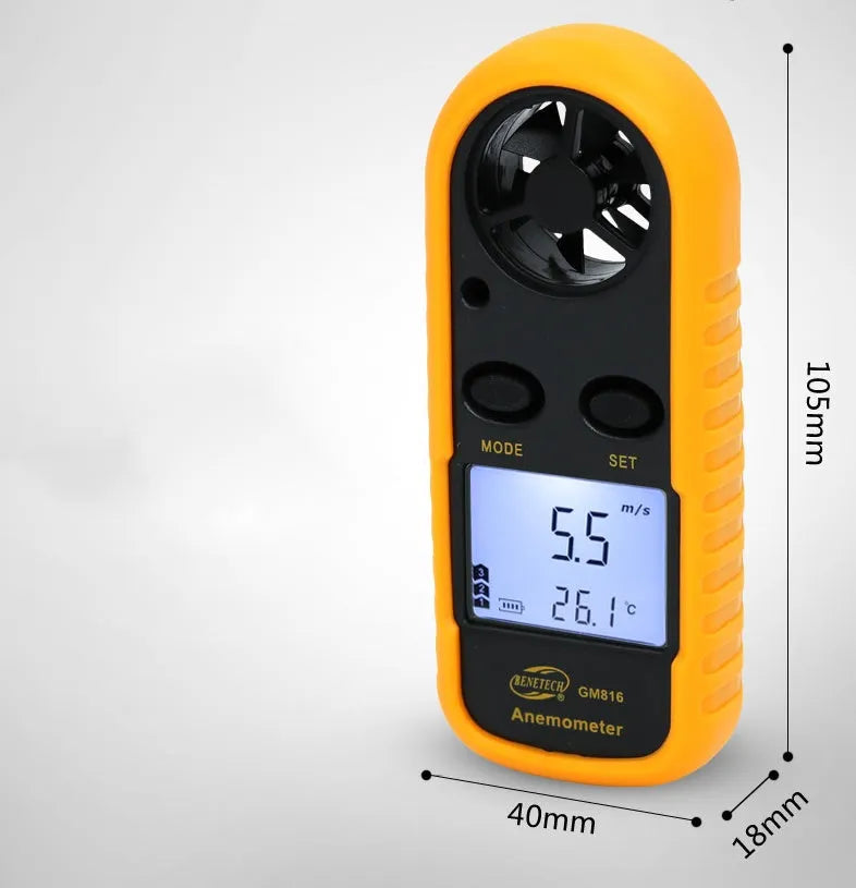 Orange digital portable anemometer wind speed measuring instrument showing compact size.
