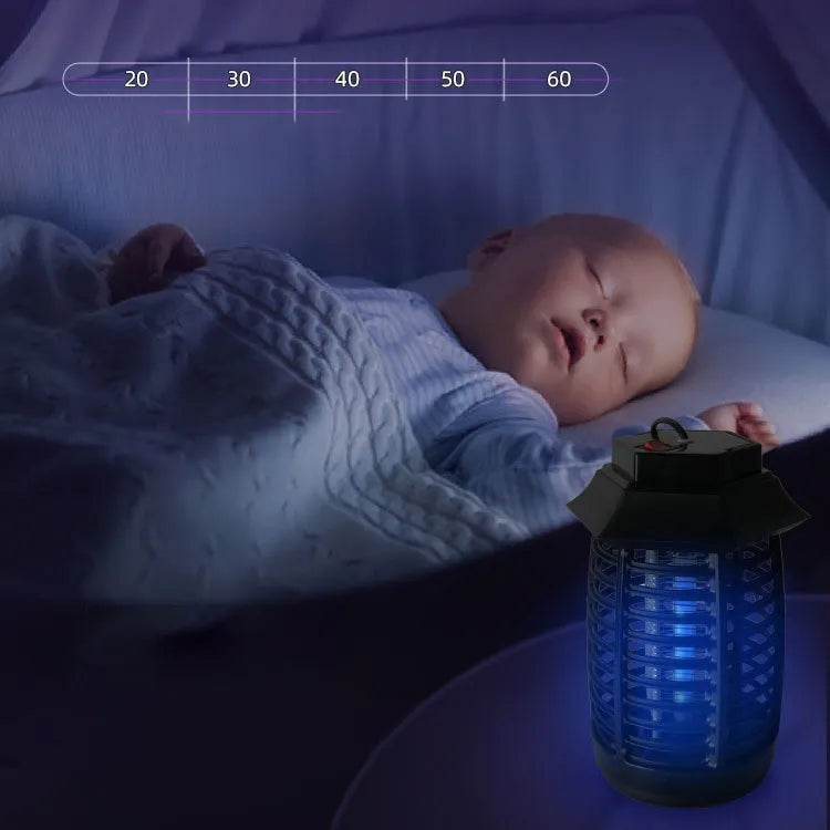 Black aromatherapy mosquito lamp with a metal grid, shown with either a UV or LED tube for indoor insect control.