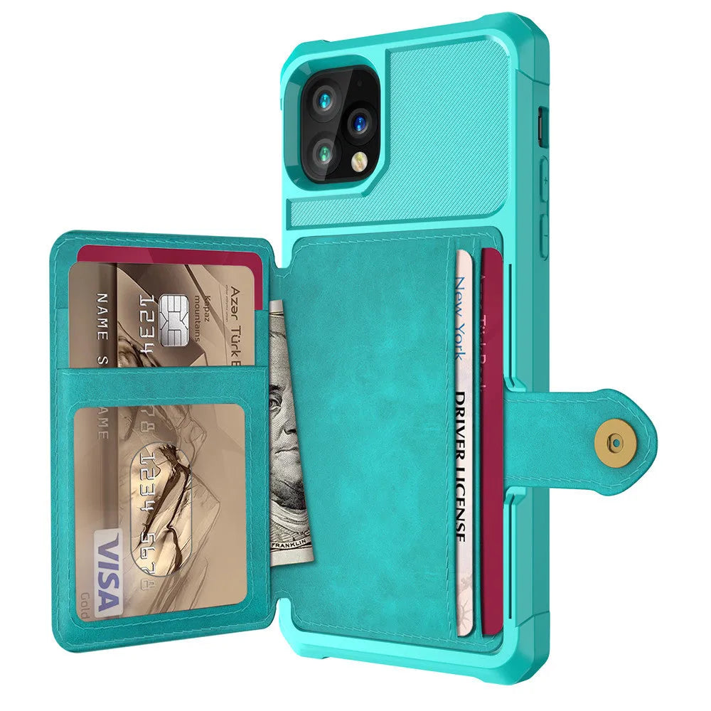 Imitation leather solid colour iPhone case with card wallet slot in black, blue, green, pink, or red.