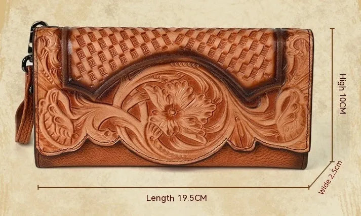 Retro brown tri-fold women's wallet with embossed floral pattern, showing card slots and folded profile.
