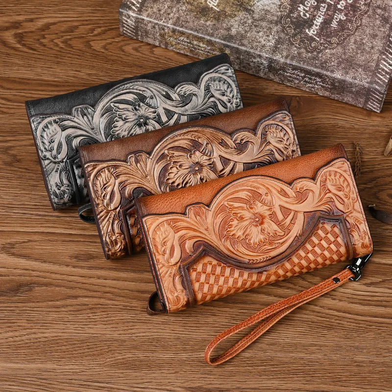 Retro brown tri-fold women's wallet with embossed floral pattern, showing card slots and folded profile.