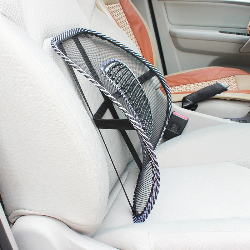Black leather car lumbar support pillow measuring 41cm by 39cm