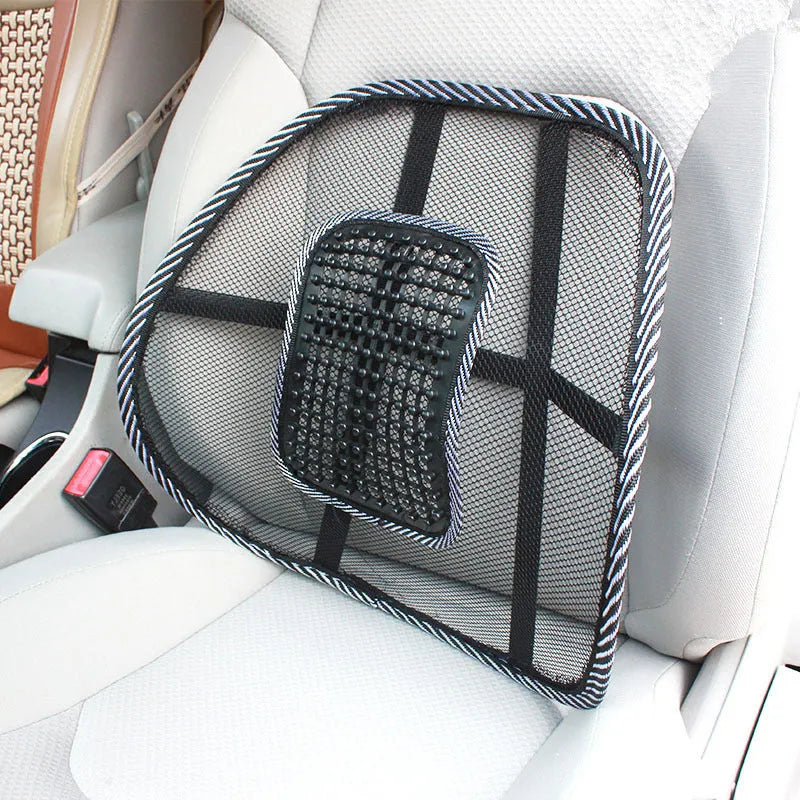 Black leather car lumbar support pillow measuring 41cm by 39cm