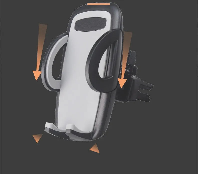 Black plastic universal mobile phone holder attached to a car air conditioning vent.