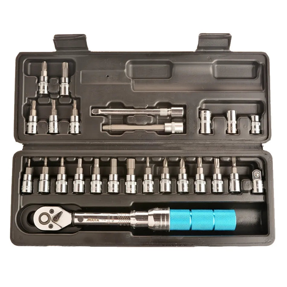 1/4 inch preset torque wrench 1-25Nm with hex Torx slotted cross bits, 100mm extension rod, 3/8 adapter, and sleeves.