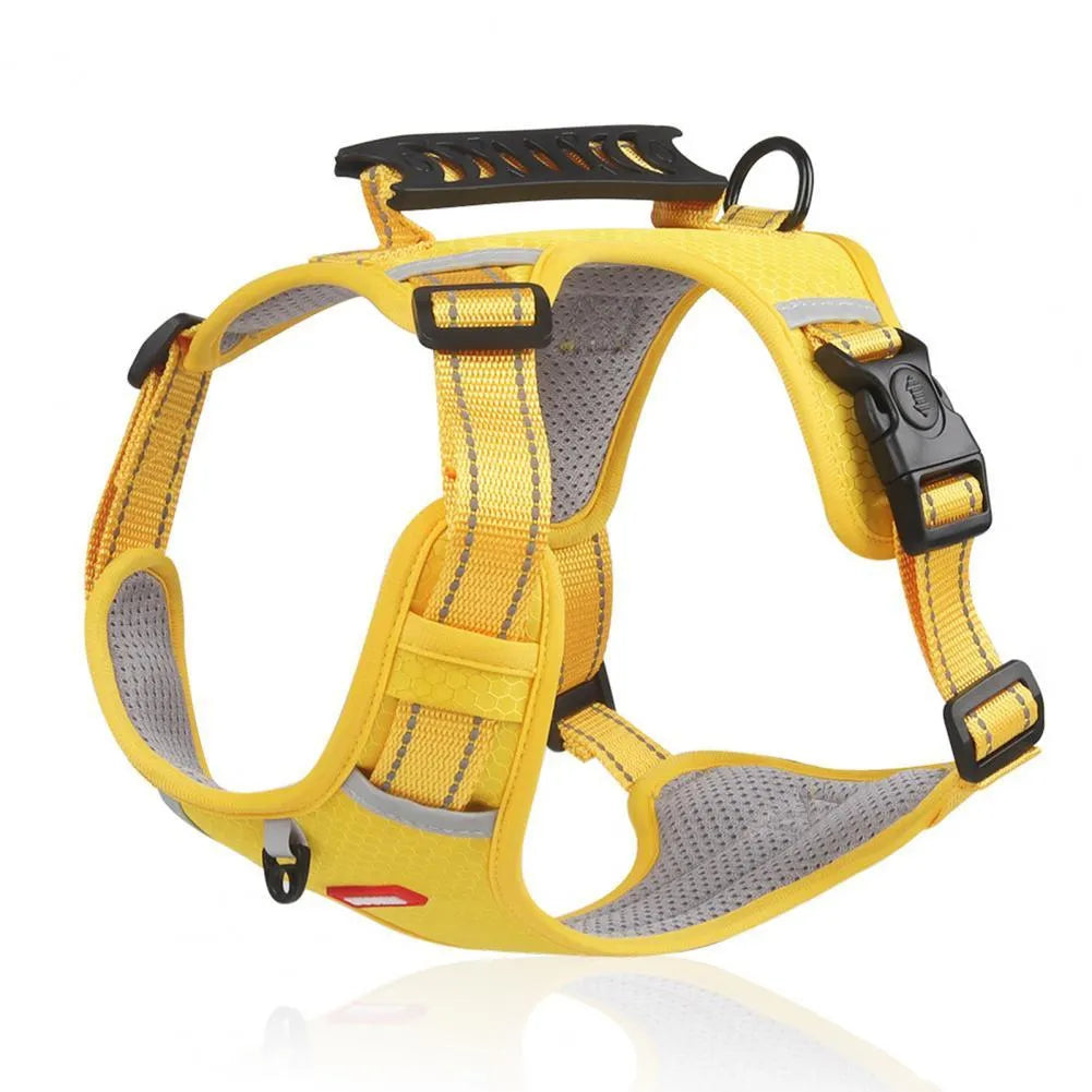 Orange adjustable nylon dog harness vest with reflective strips and breathable mesh panelling.