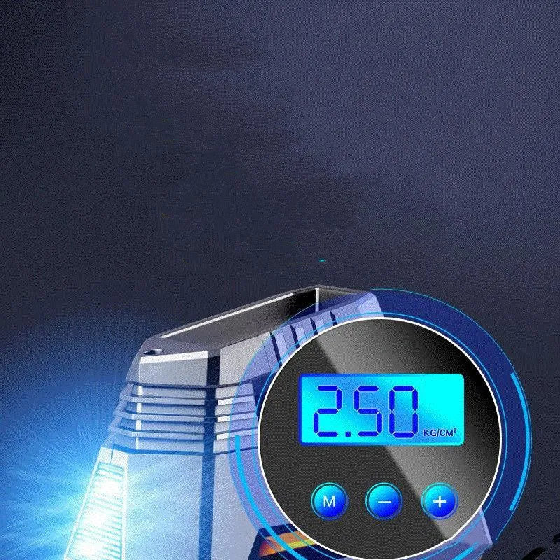 Multi-function car tyre inflator with digital display, LED flashlight, and 10-foot power cord on a tyre