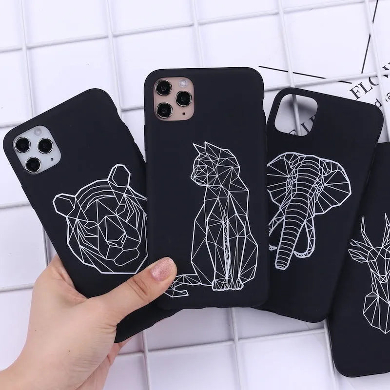 A TPU phone case with a painted line art drawing of a deer on a solid colour background.