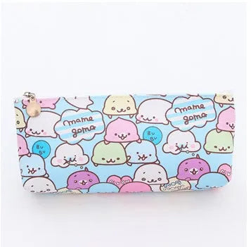 Blue triangle-shaped PU leather pencil case with cartoon pattern and large zipper
