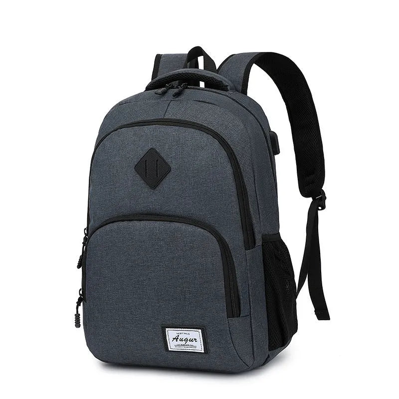 Grey USB charging backpack with dimensions 32cm length 15cm width 46cm height