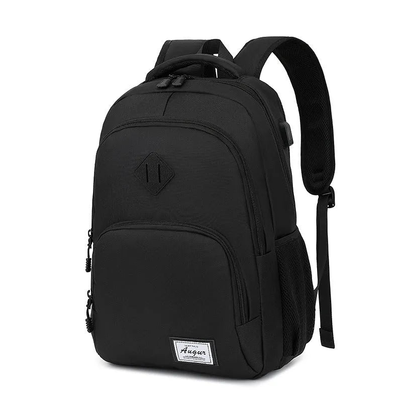Grey USB charging backpack with dimensions 32cm length 15cm width 46cm height