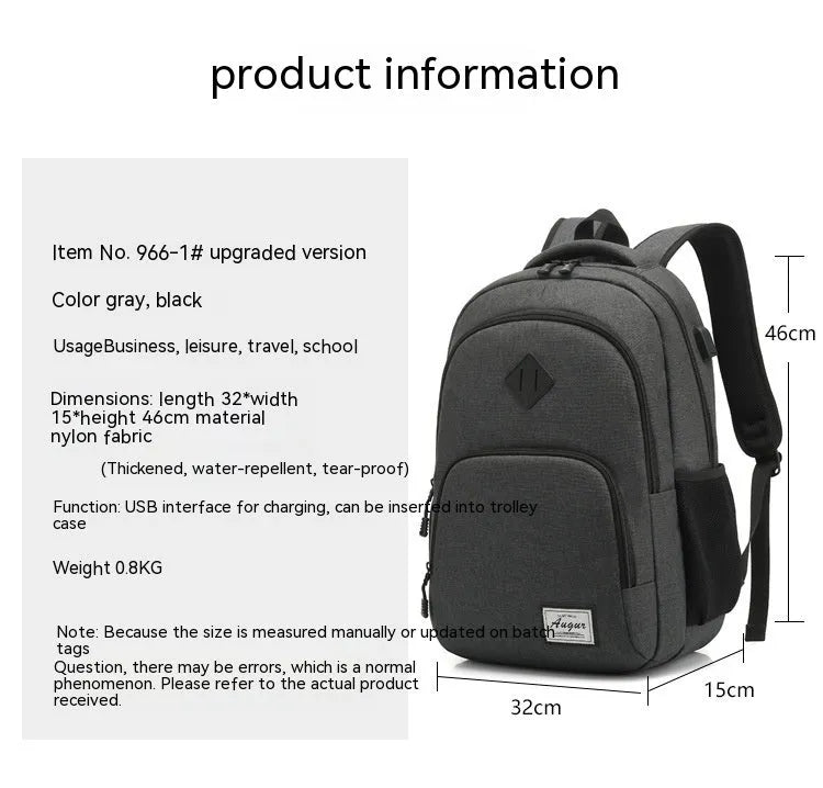Grey USB charging backpack with dimensions 32cm length 15cm width 46cm height