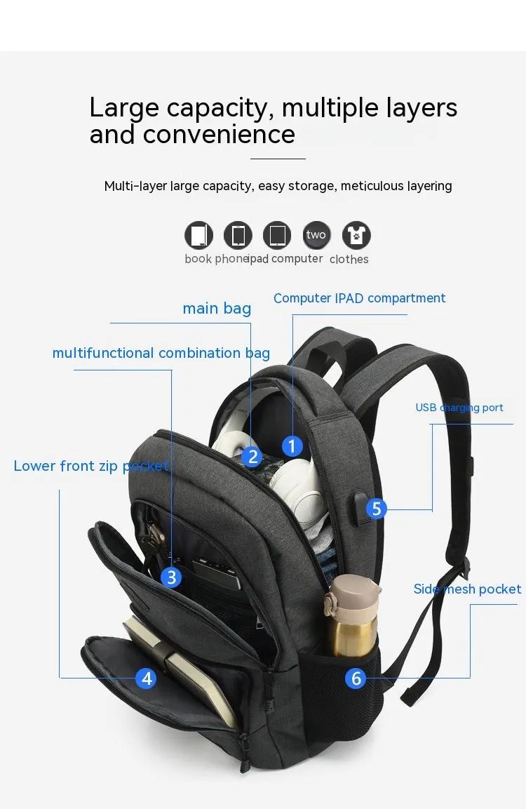 Grey USB charging backpack with dimensions 32cm length 15cm width 46cm height