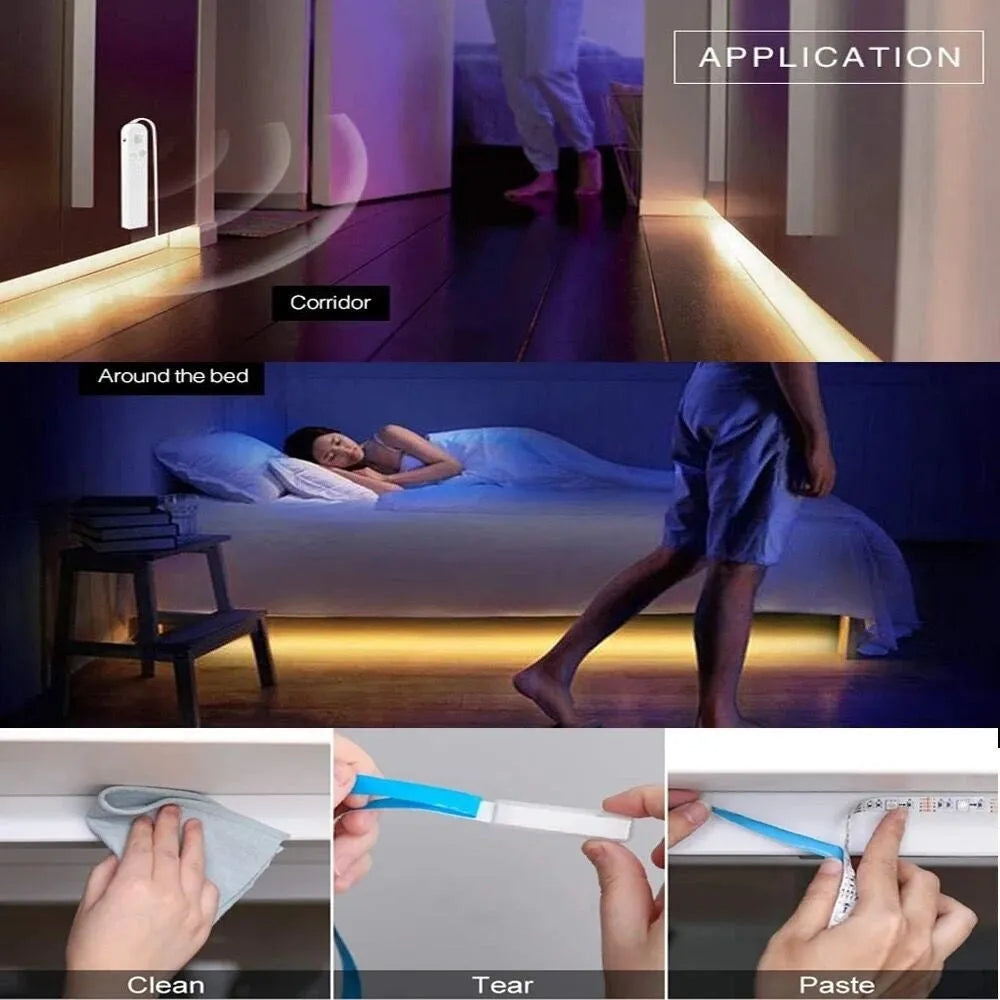 LED human body induction light strip, waterproof, 1m 2m or 3m, warm white or white, for under bed sofa wardrobe cabinet