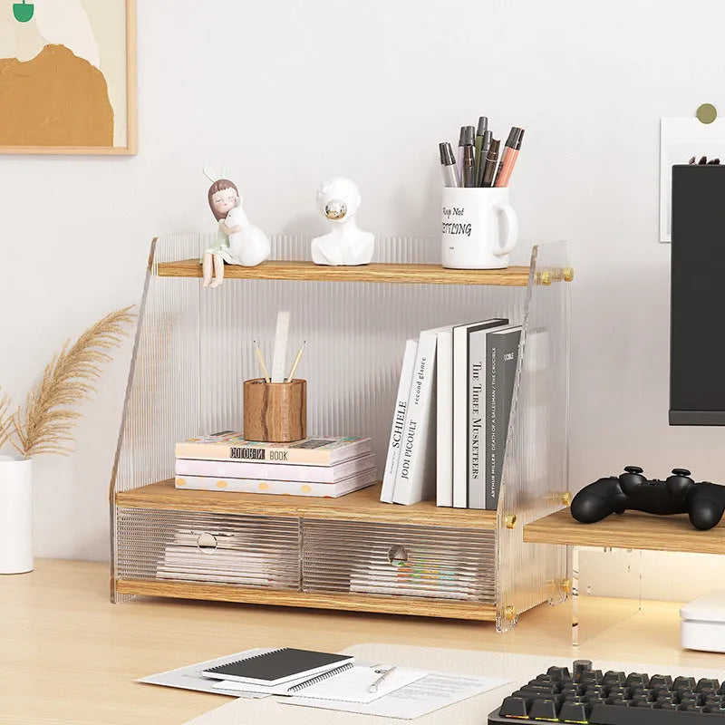 Office acrylic desk storage cabinet in wood colour finish with transparent acrylic sections on desktop