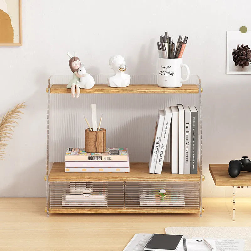 Office acrylic desk storage cabinet in wood colour finish with transparent acrylic sections on desktop