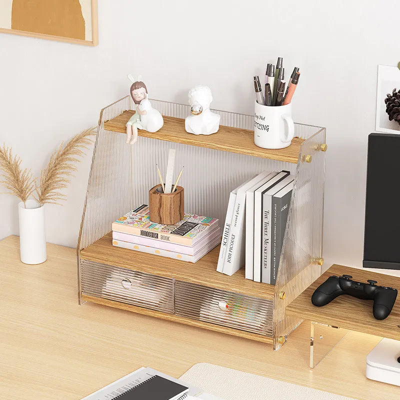 Office acrylic desk storage cabinet in wood colour finish with transparent acrylic sections on desktop
