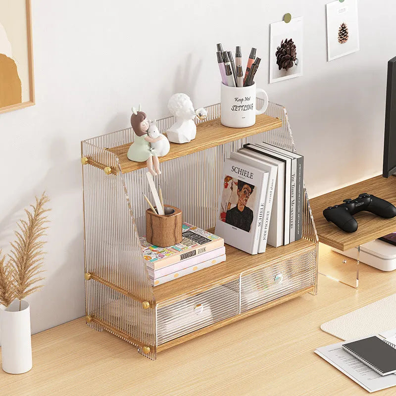 Office acrylic desk storage cabinet in wood colour finish with transparent acrylic sections on desktop