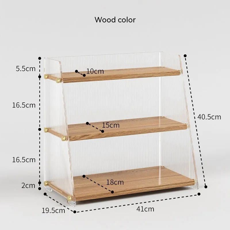 Office acrylic desk storage cabinet in wood colour finish with transparent acrylic sections on desktop