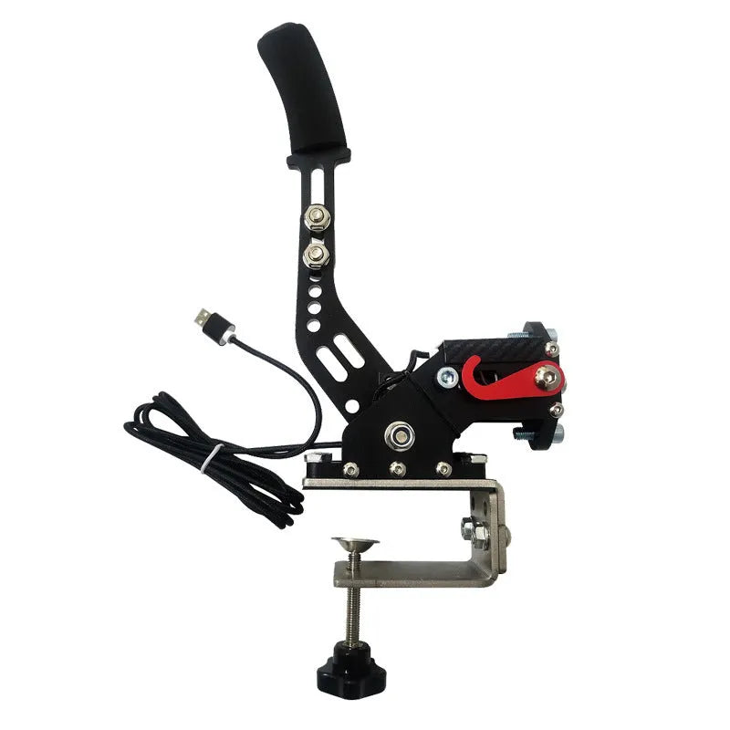 Black USB handbrake controller for PC racing games with aluminium body and desk clamp.