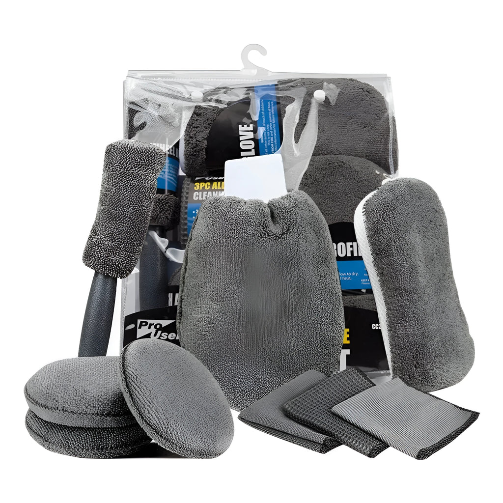Grey microfiber 9-piece car wash cleaning set showing glove, sponge, tyre brush, waxing wipes and towels.