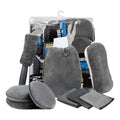 Grey microfiber 9-piece car wash cleaning set showing glove, sponge, tyre brush, waxing wipes and towels.