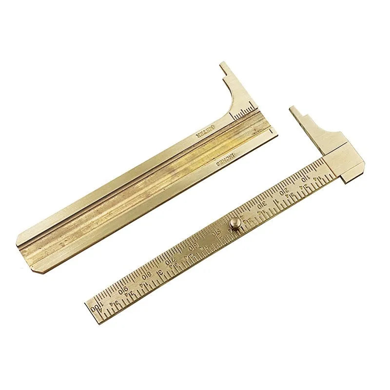 Double scale mini copper caliper 100mm brass vernier with clear markings on wooden surface