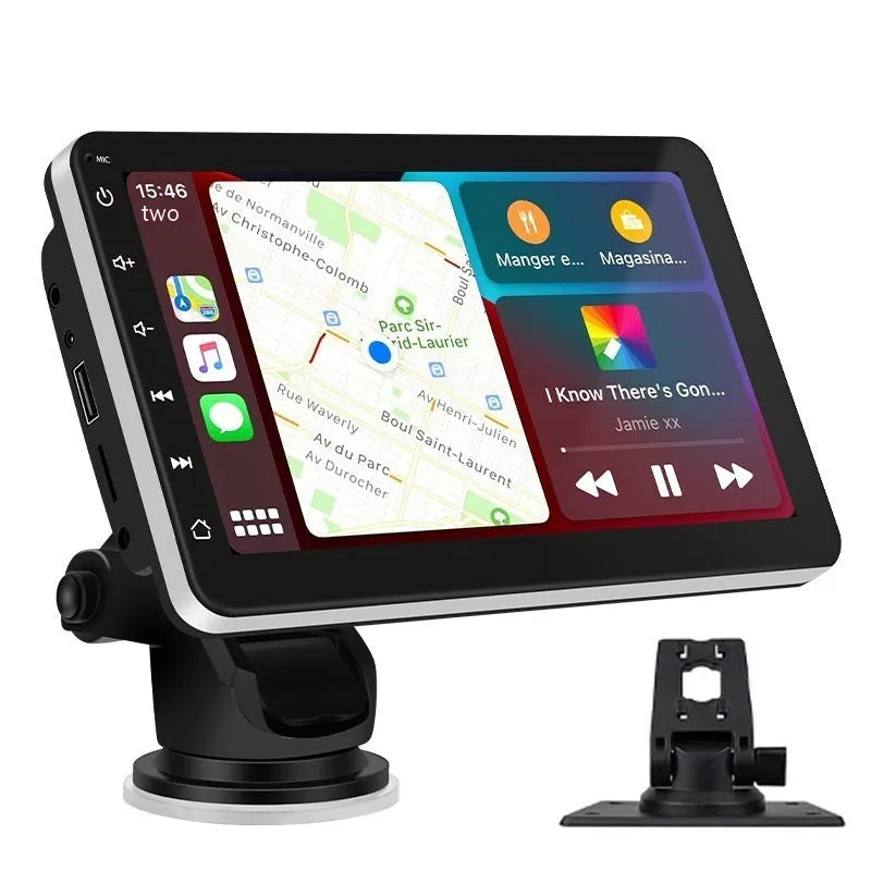 7-inch car GPS navigator with OLED display showing map and wireless Carplay connectivity