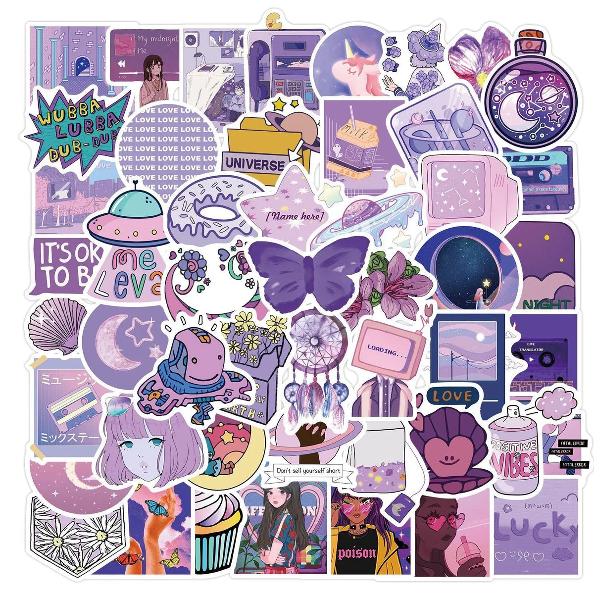 Purple graffiti cartoon skin stickers 4-6cm on a child's suitcase showing colourful decals