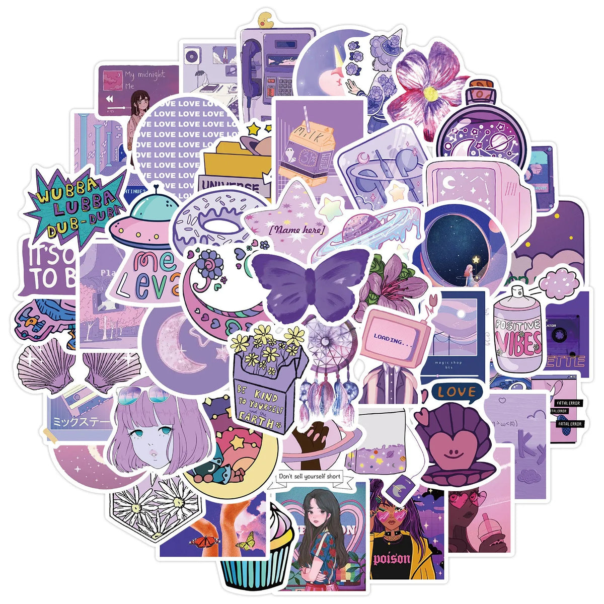 Purple graffiti cartoon skin stickers 4-6cm on a child's suitcase showing colourful decals