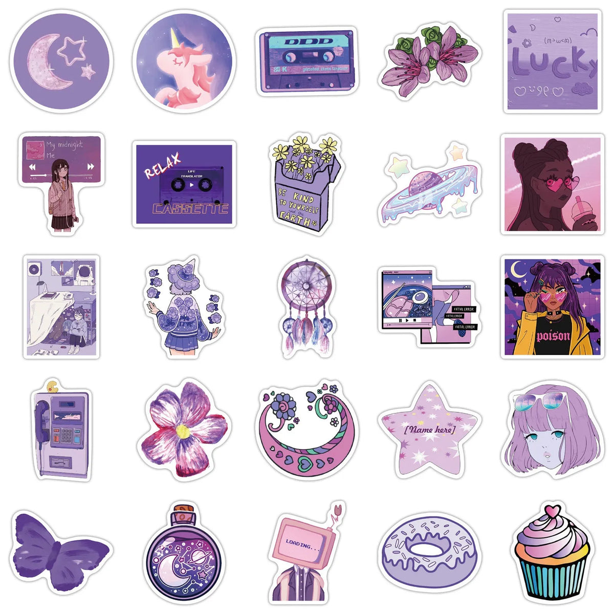Purple graffiti cartoon skin stickers 4-6cm on a child's suitcase showing colourful decals