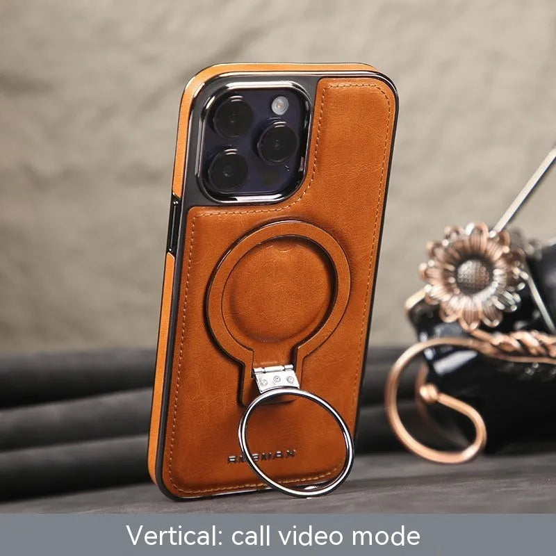 Magnetic bracket phone case imitation leather drop resistant for iPhone 11 to 15 Pro Max black