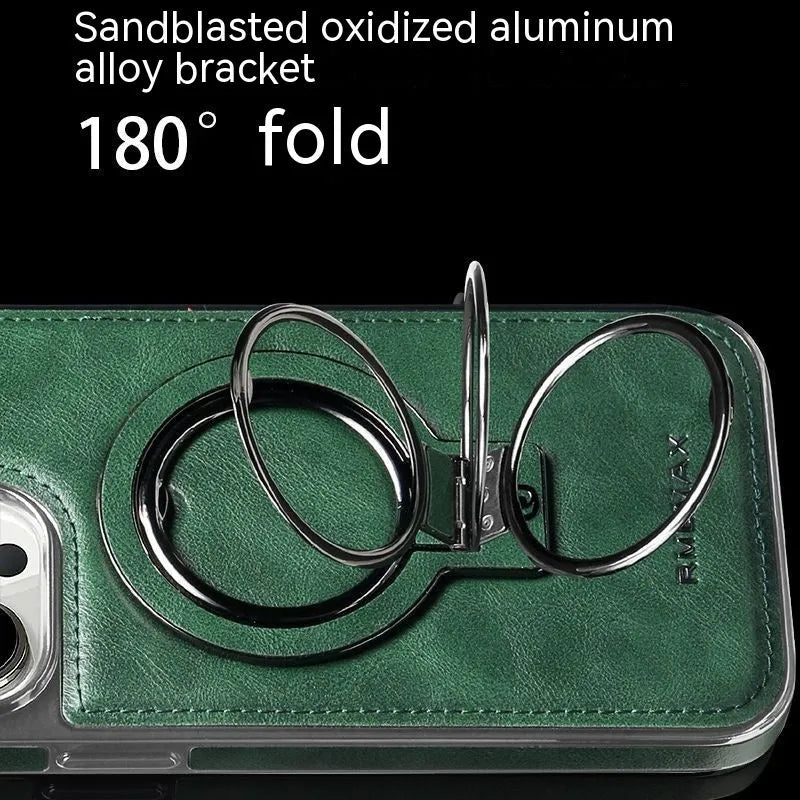 Magnetic bracket phone case imitation leather drop resistant for iPhone 11 to 15 Pro Max black