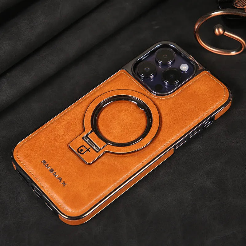 Magnetic bracket phone case imitation leather drop resistant for iPhone 11 to 15 Pro Max black