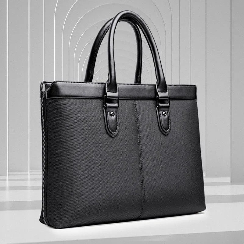 Men's PU briefcase file bag with Oxford fabric lining, thread-cut detail, in high-end black or blue