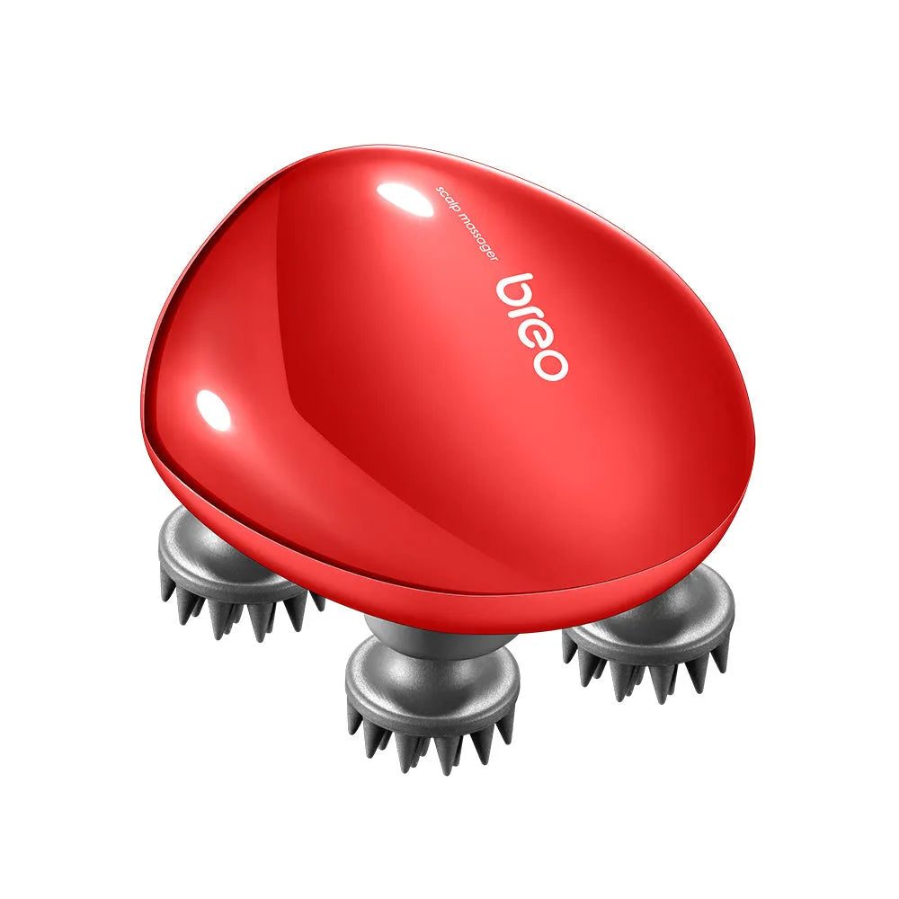 Red handheld scalp massager with silicone nodes measuring 110x120x82mm