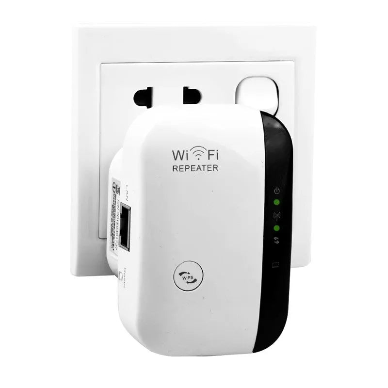 White and black 300Mbps WiFi repeater for UK plug with 2dBi antennas and Ethernet port