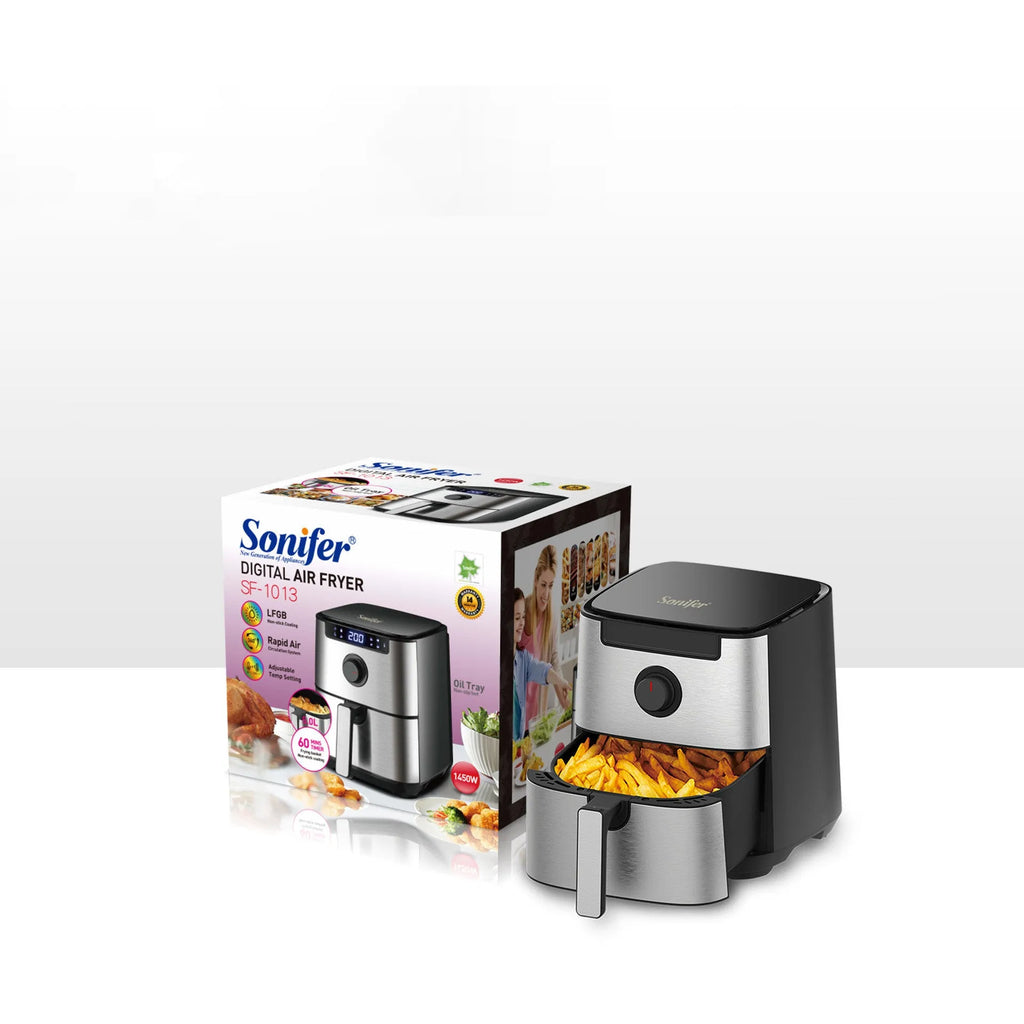 Black plastic air fryer with touch screen control panel and 5L capacity