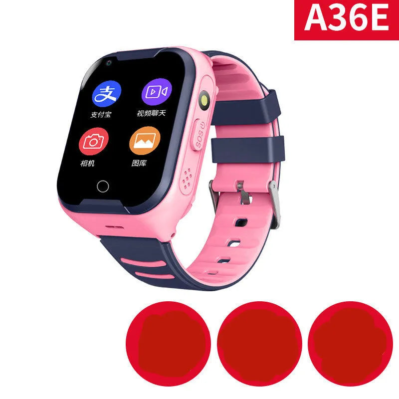 Blue children's smartwatch with a silicone strap showing a video call on its 1.44-inch screen.