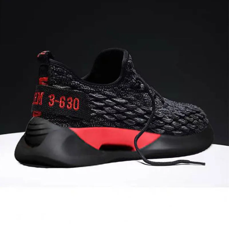 Casual breathable running shoes with mesh upper, lace-up, low-top square heel, black and white colourway