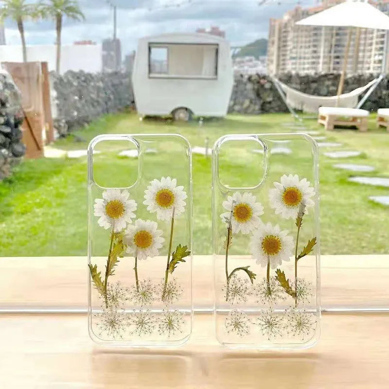 White epoxy daisy floral design on a clear TPU protective case for iPhone models.