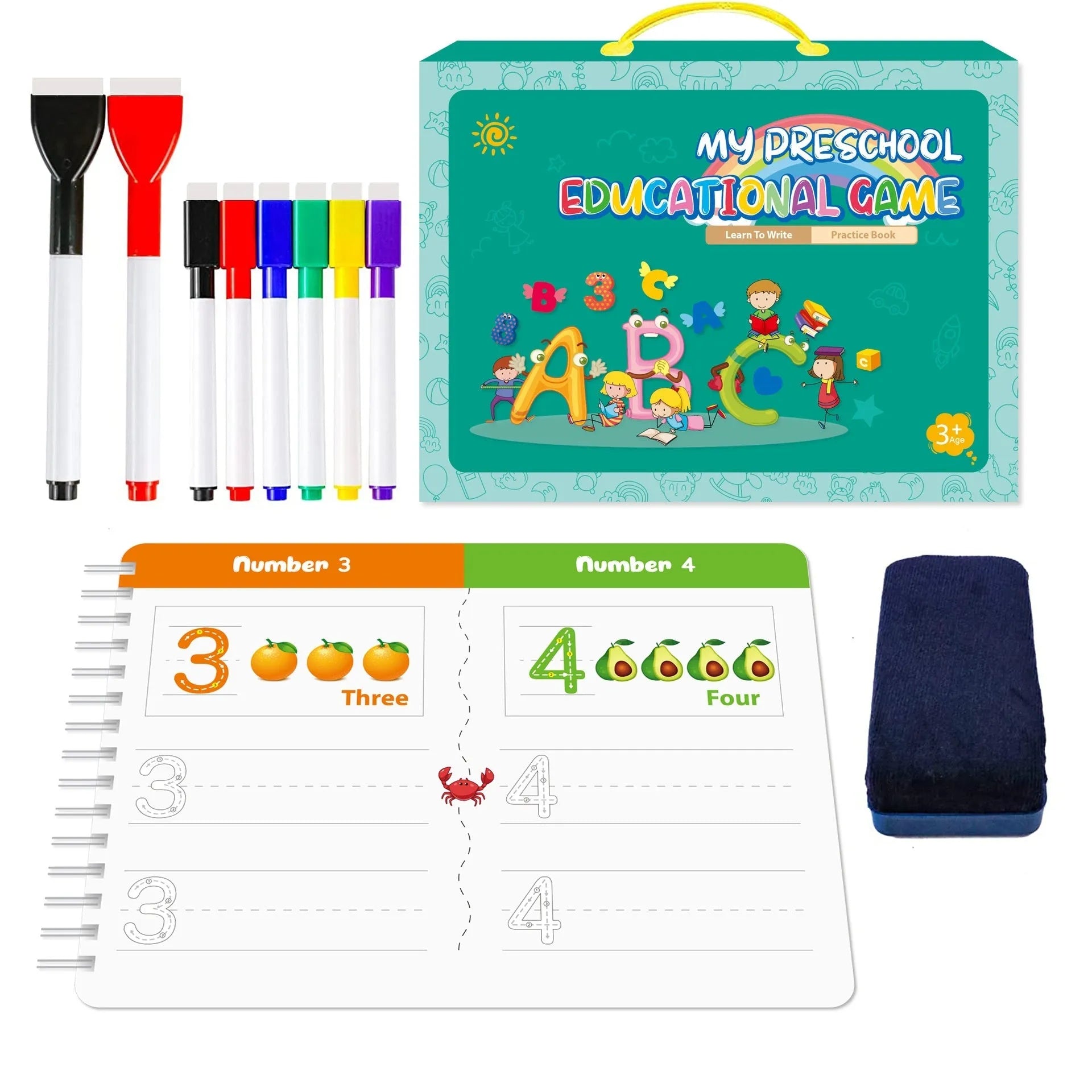 Montessori handwriting practice book set with erasable pens and reward stickers for children's writing skills