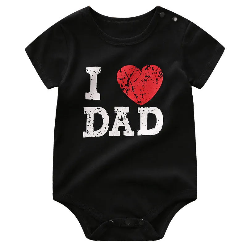 Short sleeve triangle romper in cotton with Love Mum and Love Dad prints, available in 59cm to 80cm suitable heights.
