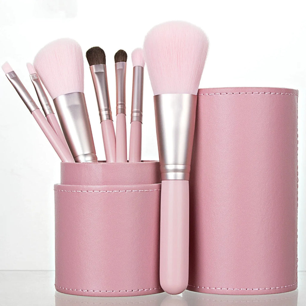 7-piece makeup brush set with Nylon bristles wooden handles and storage bucket in Classic Purple