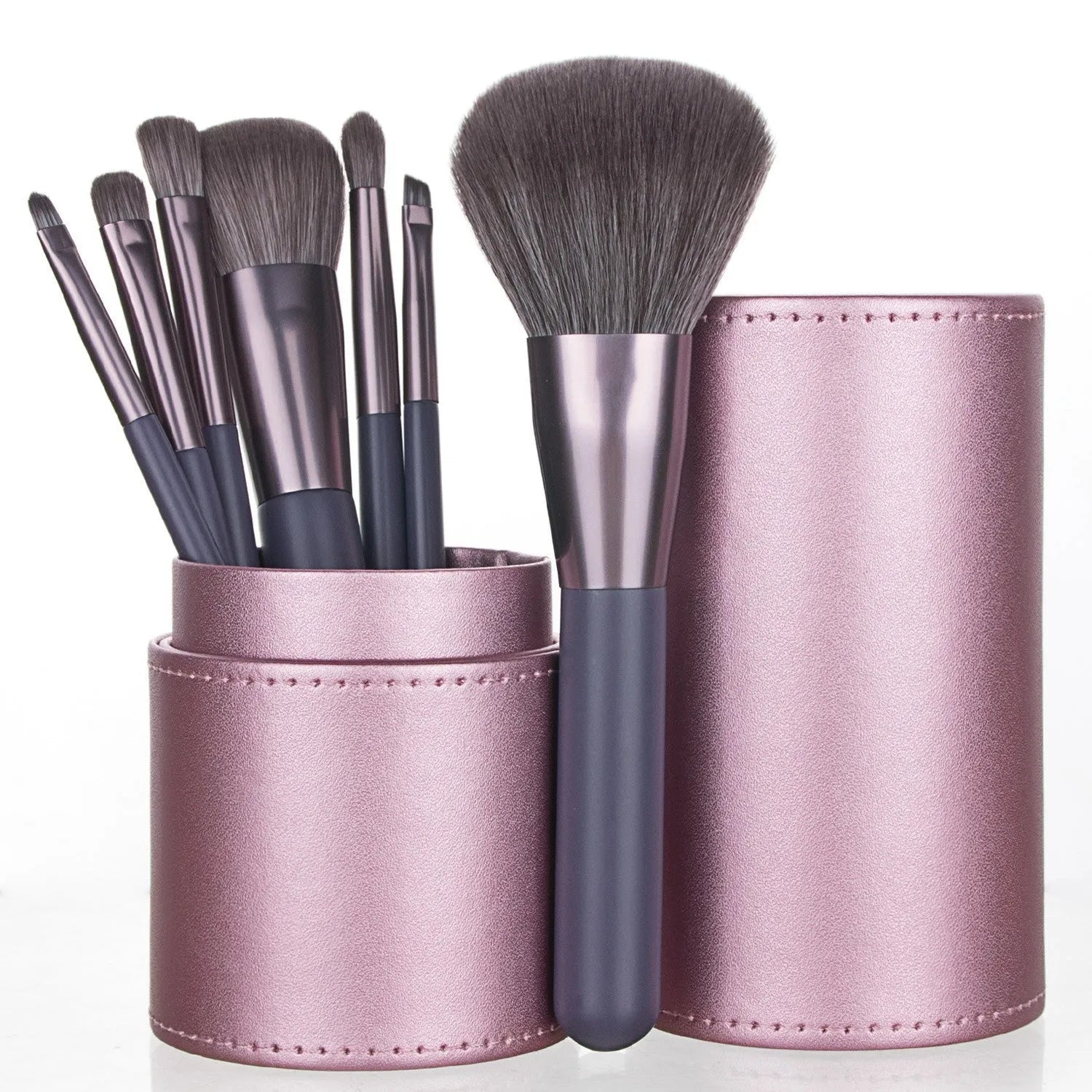 7-piece makeup brush set with Nylon bristles wooden handles and storage bucket in Classic Purple